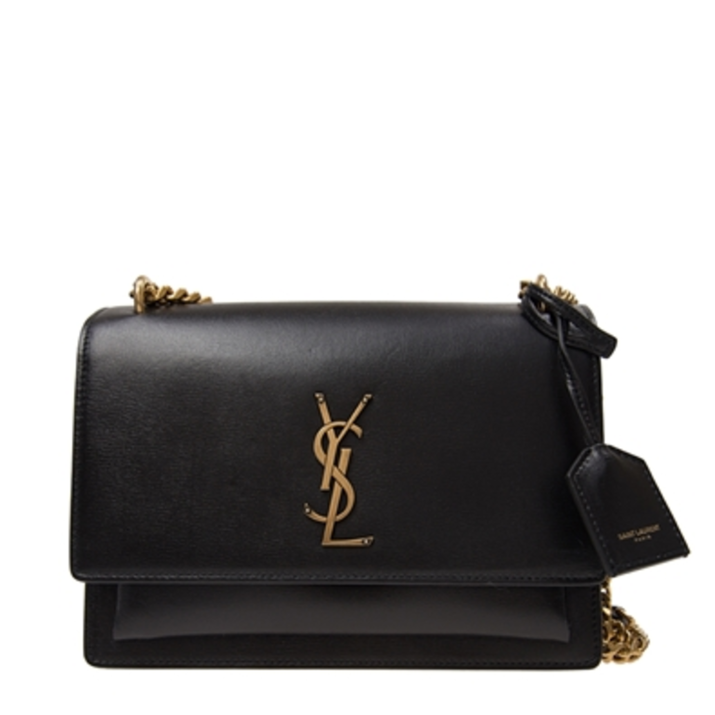 SUNSET CHAIN BAG IN SMOOTH LEATHER, BLACK, MEDIUM