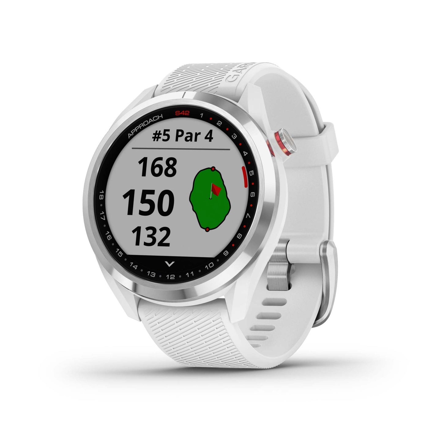 Approach S42 Golf Smartwatch Polished Silver w/ White Strap