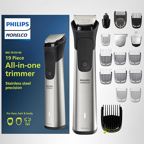 Norelco Philips All-in-One Series 7000 23-Piece Trimmer - Electric Shaver and Clipper for Face, Beard, Head & Body, Self-Sharpening Titanium Blades, 26 Length Settings (0.5-16 mm), MG7970/49