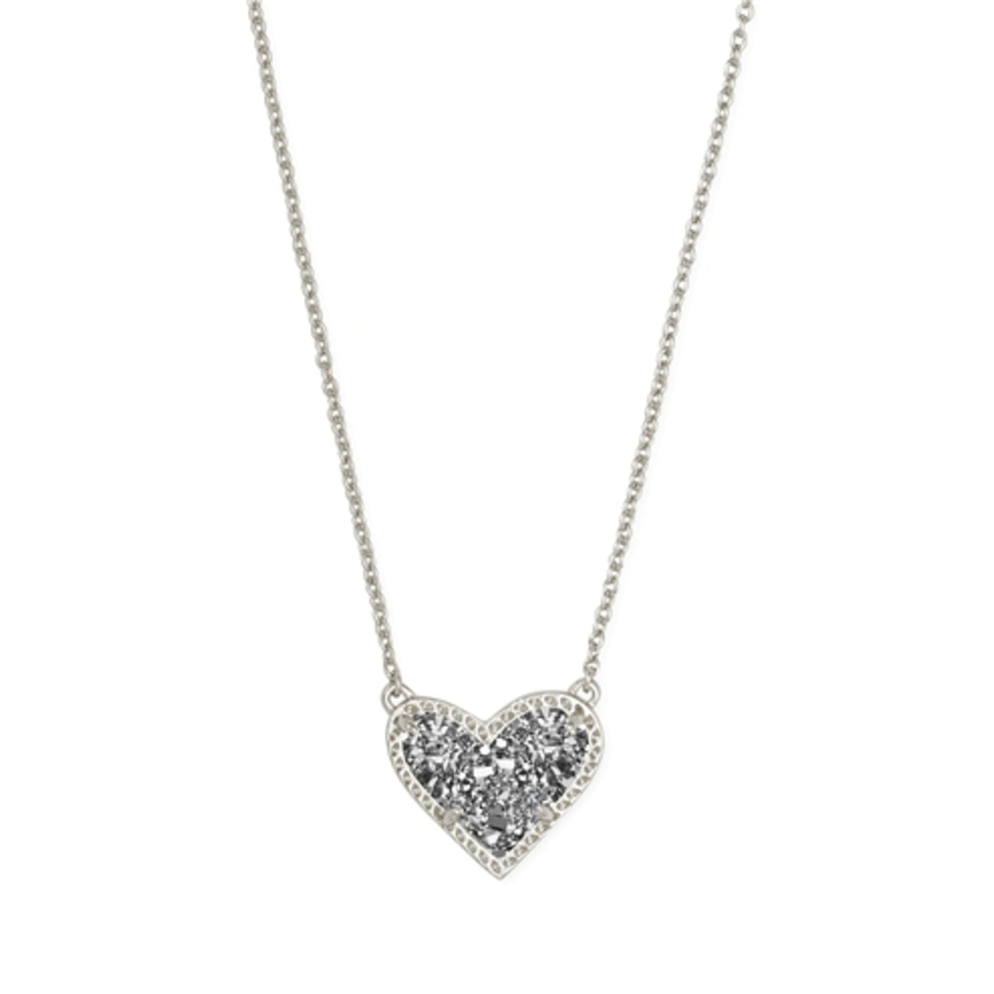 ARI HEART SHORT PENDANT NECKLACE, RHOD PLATINUM DRUSY