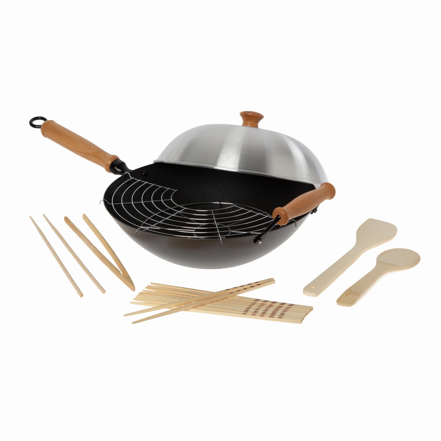 JOYCE CHEN PROFESSIONAL SERIES 14-INCH CARBON STEEL EXCALIBUR NONSTICK FLAT BOTTOM WOK SET WITH LID AND MAPLE HANDLES - 10 PIECES
