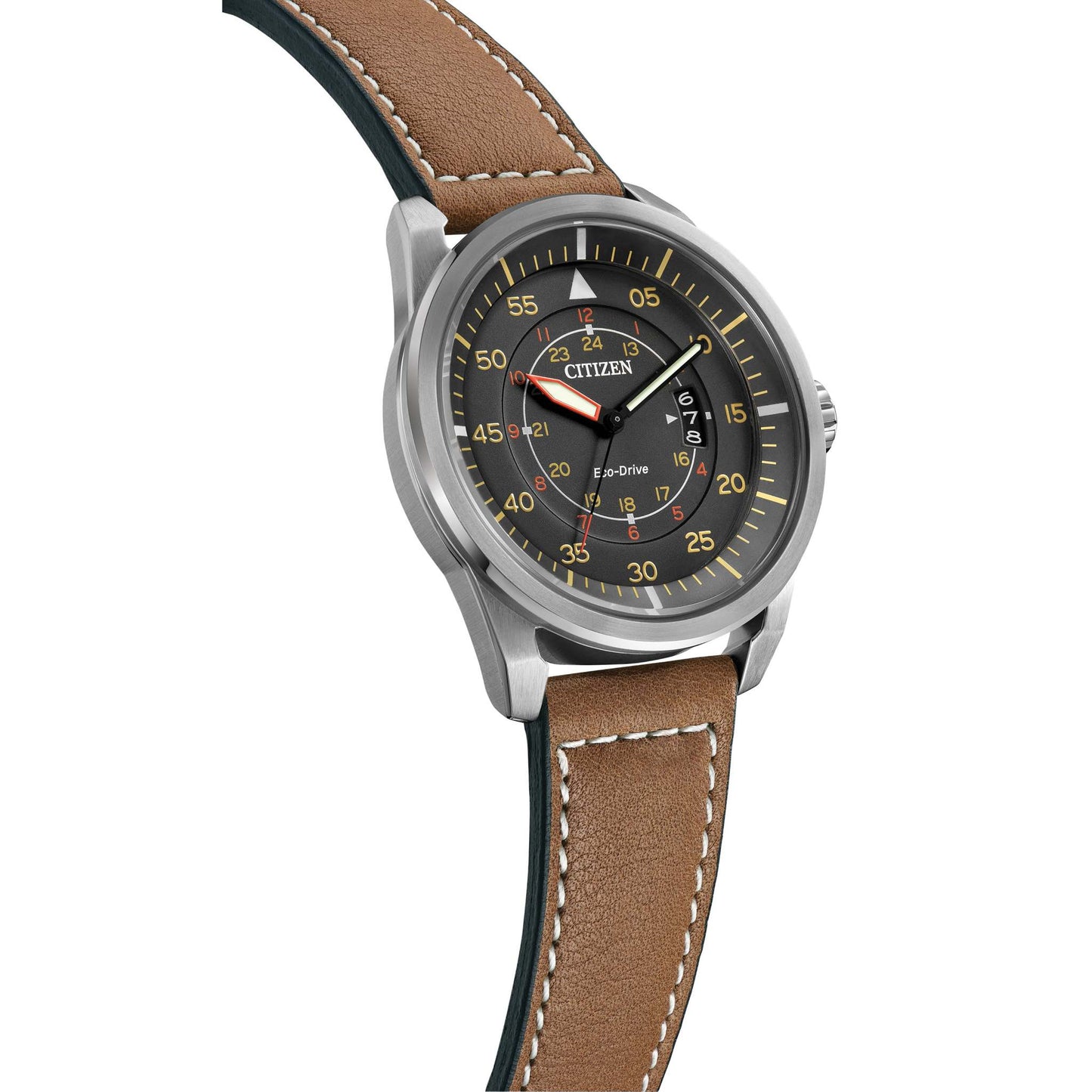Mens Avion Eco-Drive Brown Leather Strap Watch Dark Gray Dial