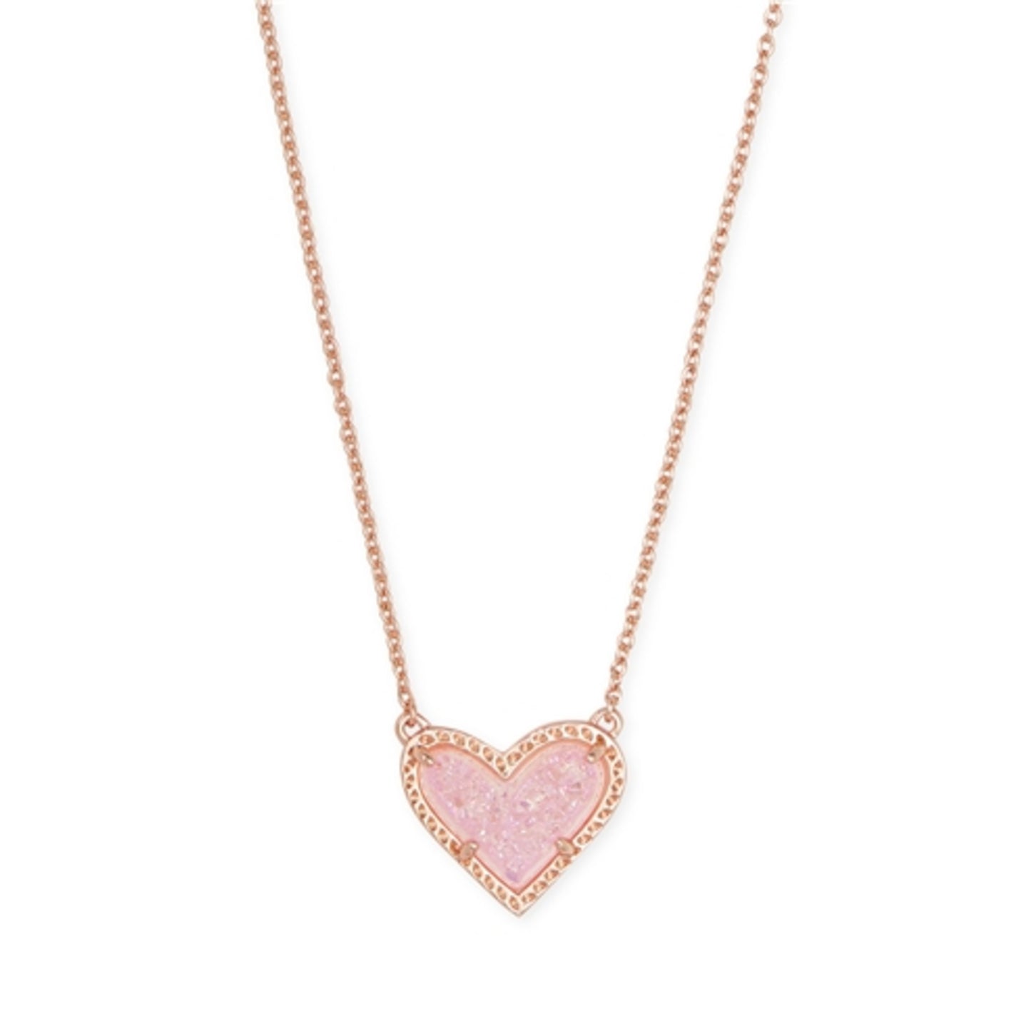 Ari Heart Short Pendant Necklace, Rose Gold Pink Drusy
