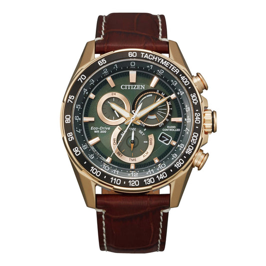 MEN'S PCAT ATOMIC ECO-DRIVE LEATHER STRAP WATCH