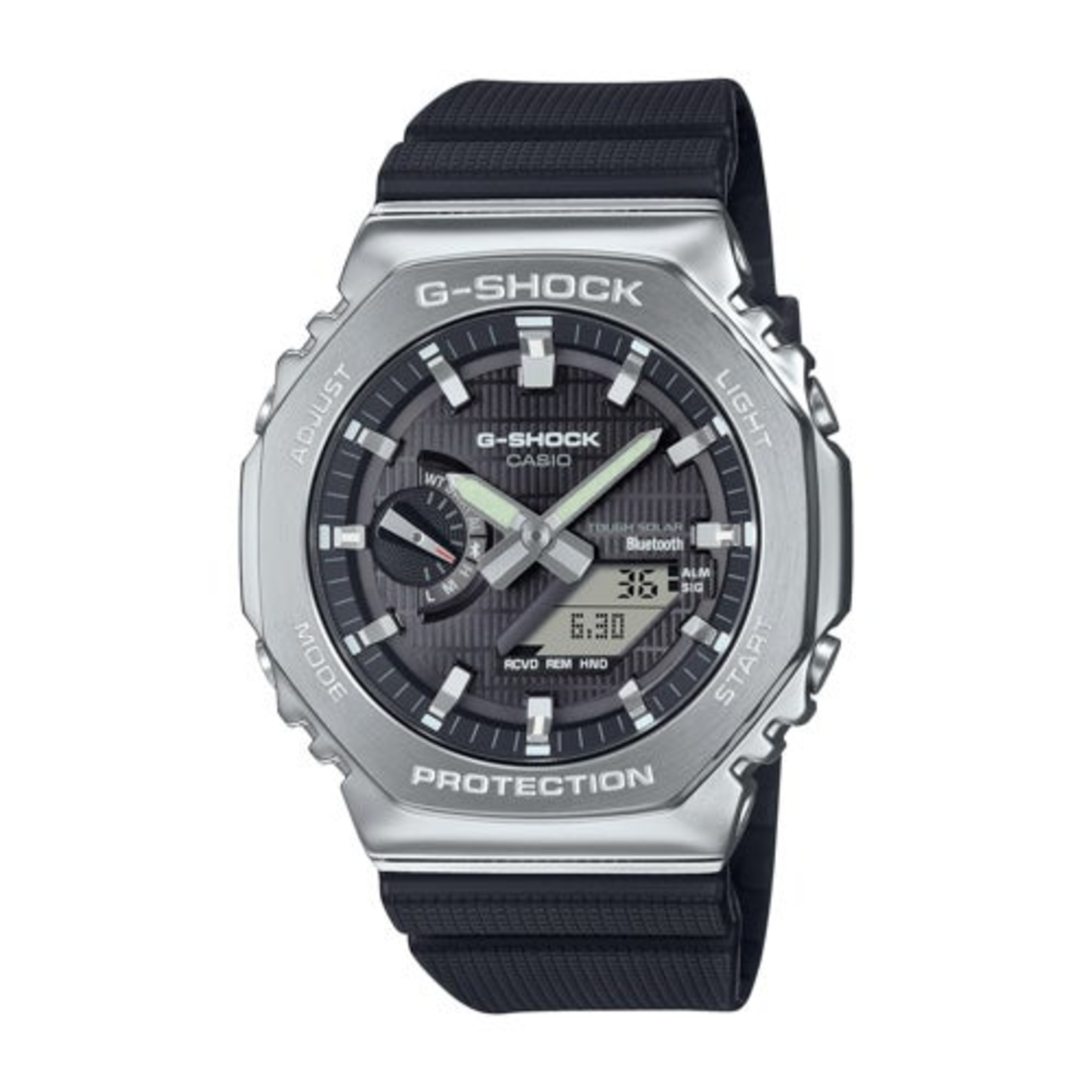 MENS G-STEEL 2100 MOBILE LINK SOLAR STEEL & BLACK RESIN WATCH BLACK DIAL