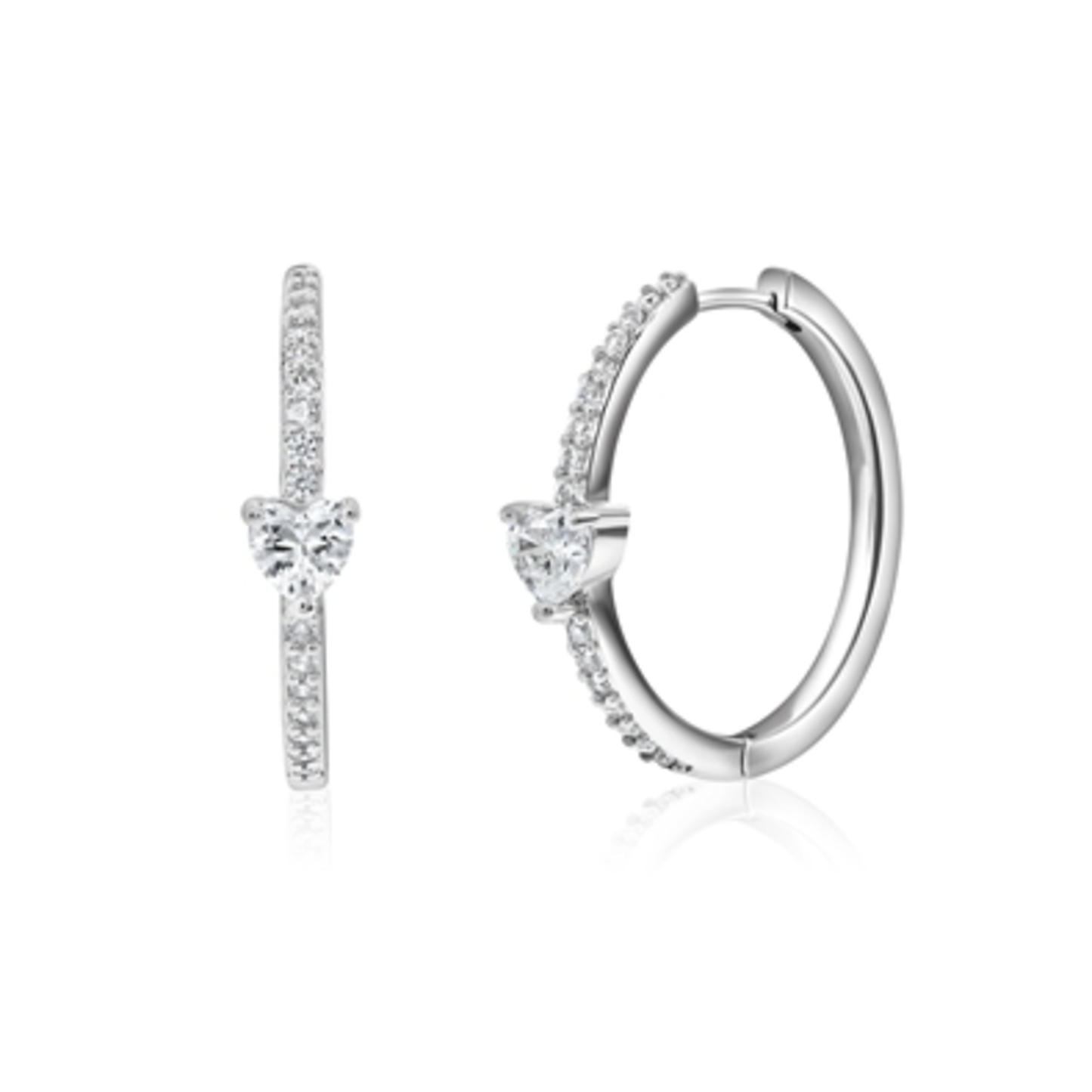 CRYSTAL HEART HOOPS, SILVER, 25MM