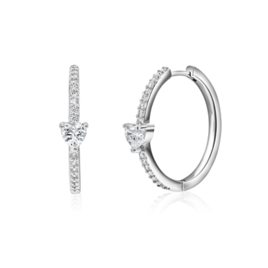 CRYSTAL HEART HOOPS, SILVER, 25MM