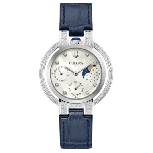 LADIES' RUBAIYAT DIAMOND NAVY LEATHER STRAP WATCH, MOTHER-OF-PEARL DIAL