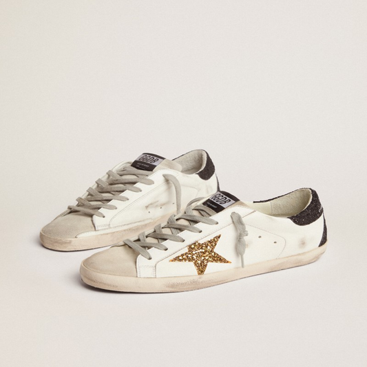 SUPERSTAR SNEAKERS WITH GOLD STAR AND GLITTERY BLACK HEEL TAB - (SIZE 8)