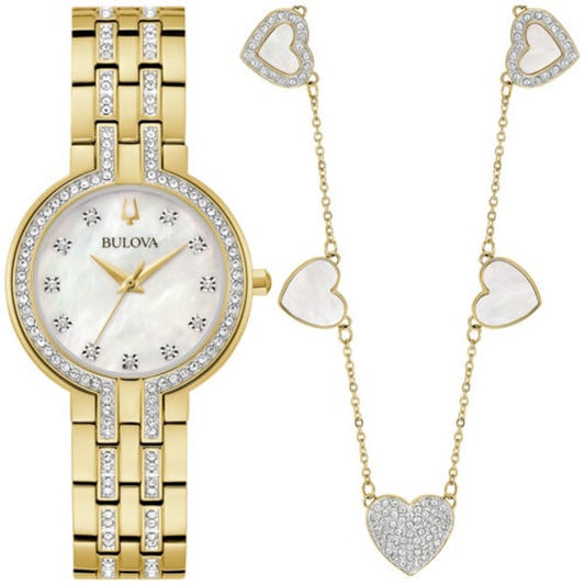 LADIES' CRYSTAL BOX SET W/ GOLD-TONE WATCH & HEART NECKLACE