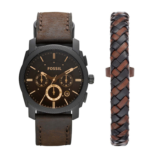 MENS MACHINE CHRONOGRAPH DARK LEATHER WATCH & BRACELET BOX SET