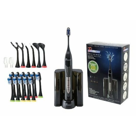 RECHARGEABLE SONIC TOOTHBRUSH WITH 12 BRUSH HEADS - (BLACK)