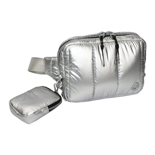 METALLIC QUILTED PASSPORT SLING, CHROME, 9"