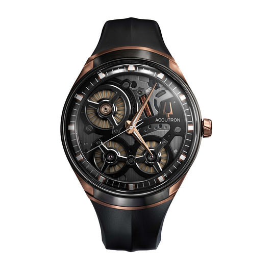 Men's Accutron DNA Electrostatic RG & Black Rubber Strap Watch, Black Dial