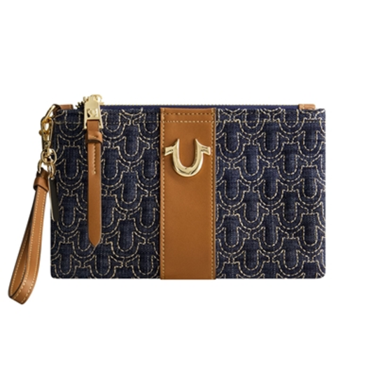 QUILTED HORSESHOE WRISTLET POUCH, DARK DENIM