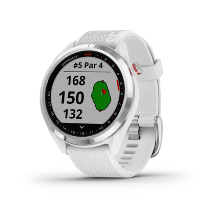 Approach S42 Golf Smartwatch Polished Silver w/ White Strap