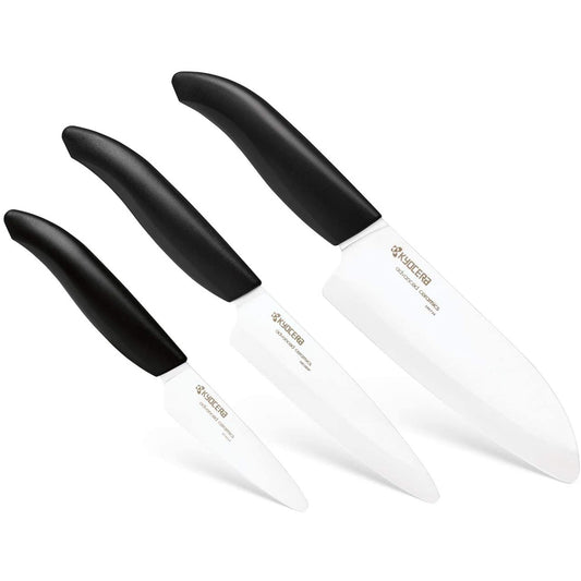 KYOCERA REVOLUTION KNIFE SET SERIES 5.5" SANTOKU , 4.5" UTILITY, 3" PARING  / BLACK HANDLE