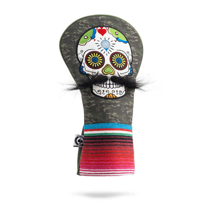 MUSTACHE SUGAR SKULL - DRIVER COVER GREEN CAMO