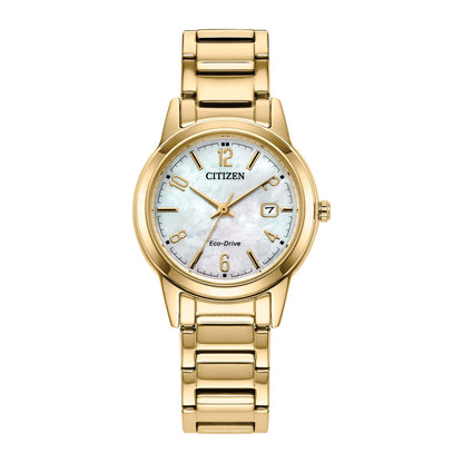 LADIES' DRESS/CLASSIC GOLD-TONE STAINLESS STEEL WATCH, WHITE MOP DIAL