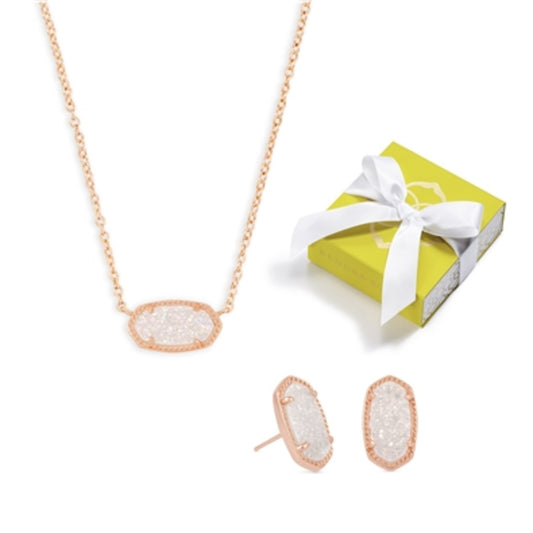 Elisa Necklace & Ellie Earrings Set, Rose Gold Drusy