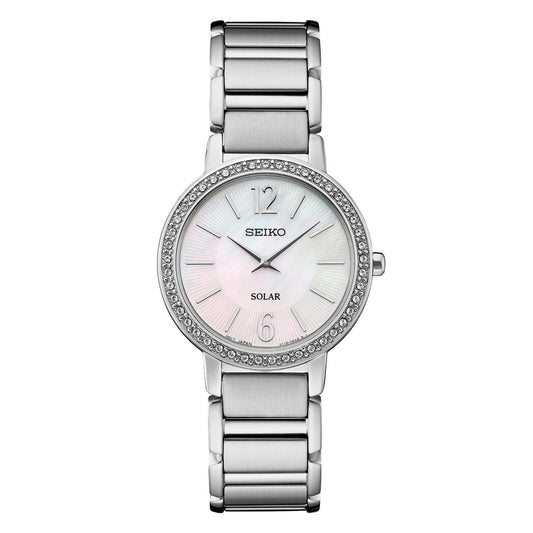 LADIES' CRYSTAL STAINLESS STEEL WATCH, MOTHER-OF-PEARL DIAL