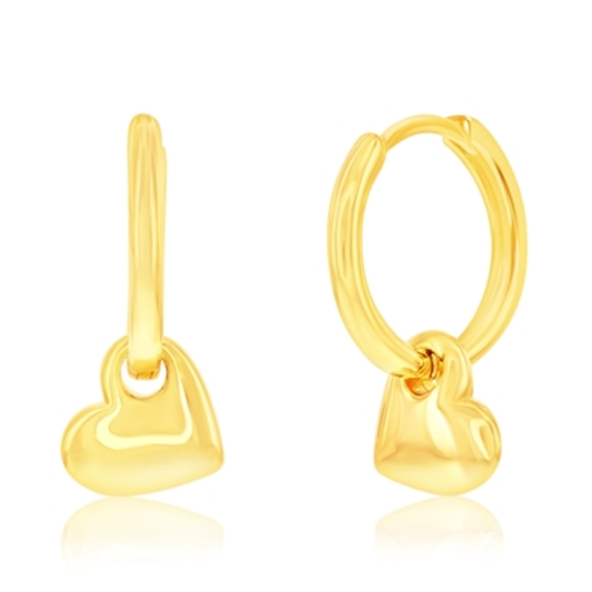 STERLING SILVER HEART HUGGIE EARRINGS, GOLD, 8X10MM