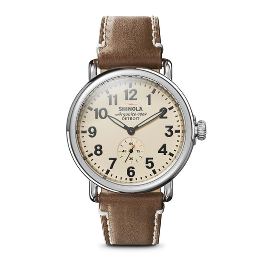 MENS' RUNWELL DARK NUT LEATHER STRAP WATCH, CREAM DIAL