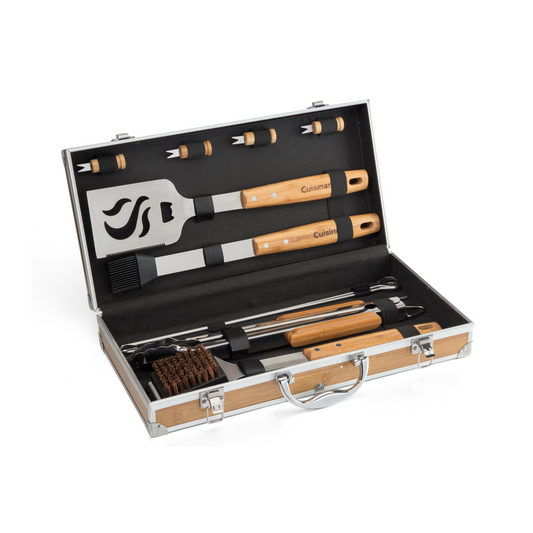 13 PIECE BAMBOO HANDLE GRILL TOOL SET