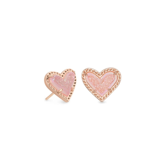 Ari Heart Stud Earring, Rose Gold Pink Drusy