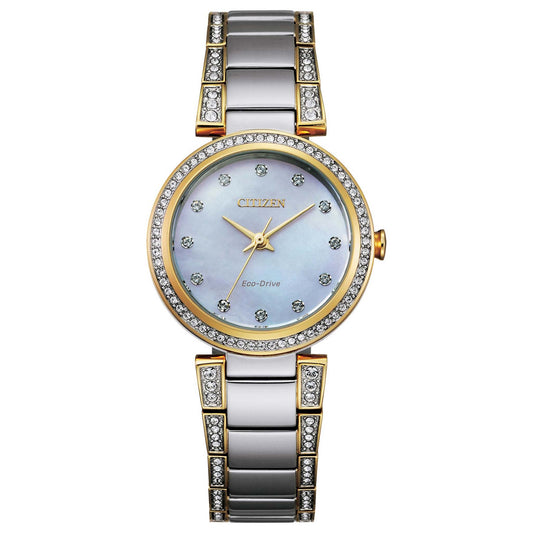 LADIES SILHOUETTE CRYSTAL ECO-DRIVE 2-TONE WATCH MOTHER-OF-PEARL DIAL