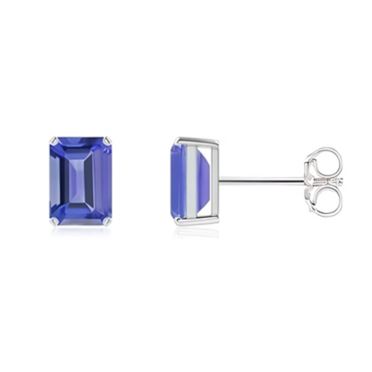 STERLING SILVER EMERALD CUT EARRINGS, BLUE, 7X5MM