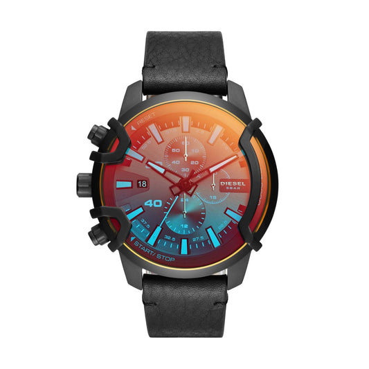 MEN'S GRIFFED CHRONOGRAPH LEATHER STRAP WATCH, IRIDESCENT DIAL