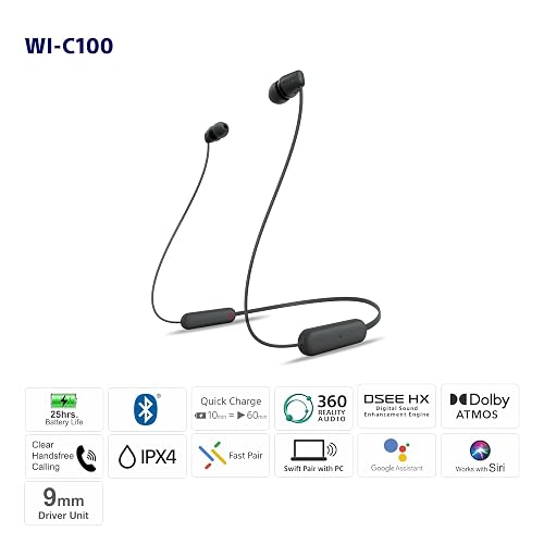 Sony WI-C100 Wireless in-Ear Bluetooth Headphones with Built-in Microphone,Black,(Pack of 2)