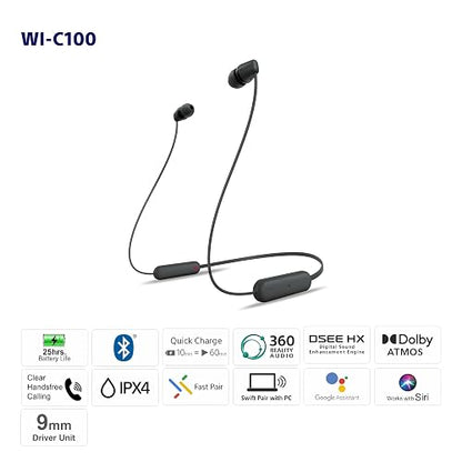 Sony WI-C100 Wireless in-Ear Bluetooth Headphones with Built-in Microphone,Black,(Pack of 2)