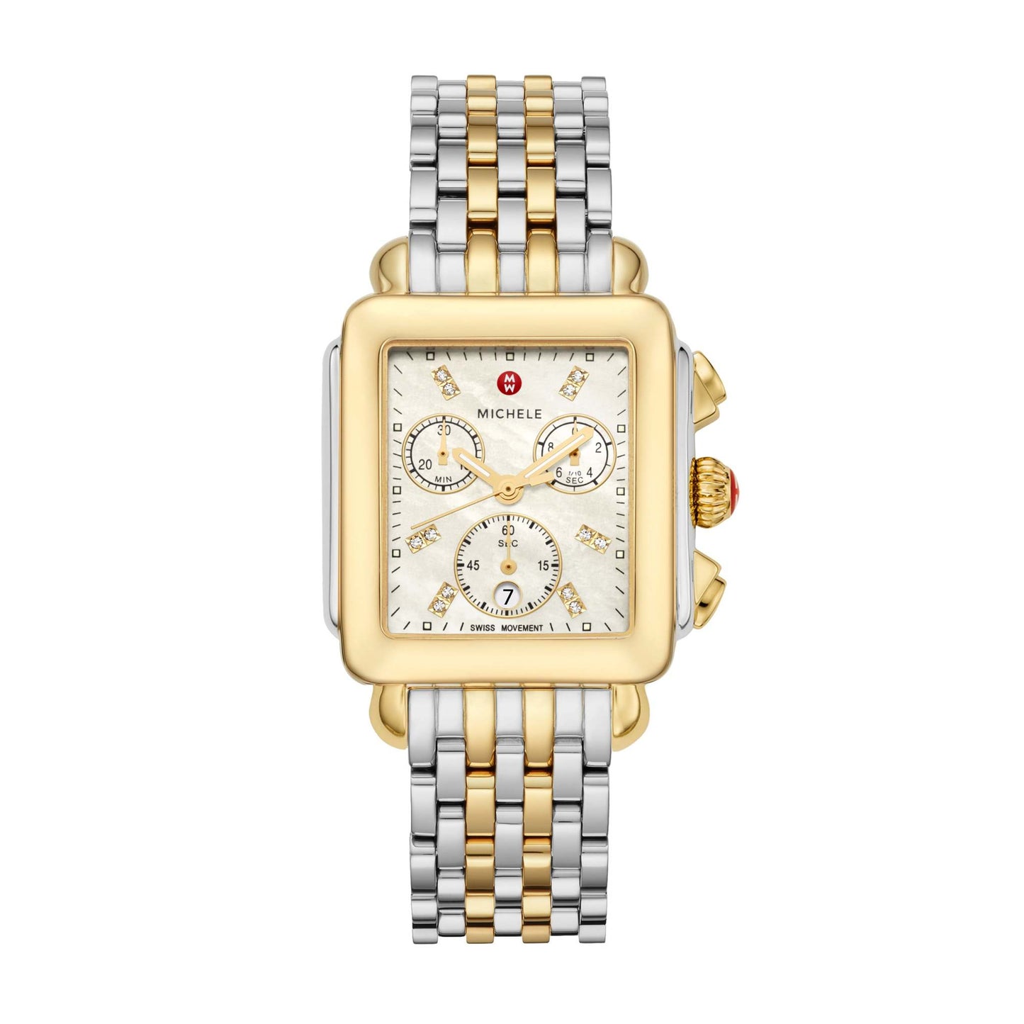 LADIES DECO TWO-TONE 18K DIAMOND WATCH MOTHER-OF-PEARL DIAL