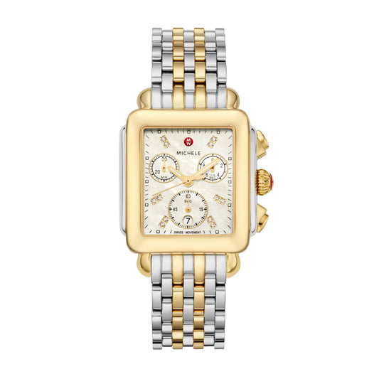 LADIES DECO TWO-TONE 18K DIAMOND WATCH MOTHER-OF-PEARL DIAL