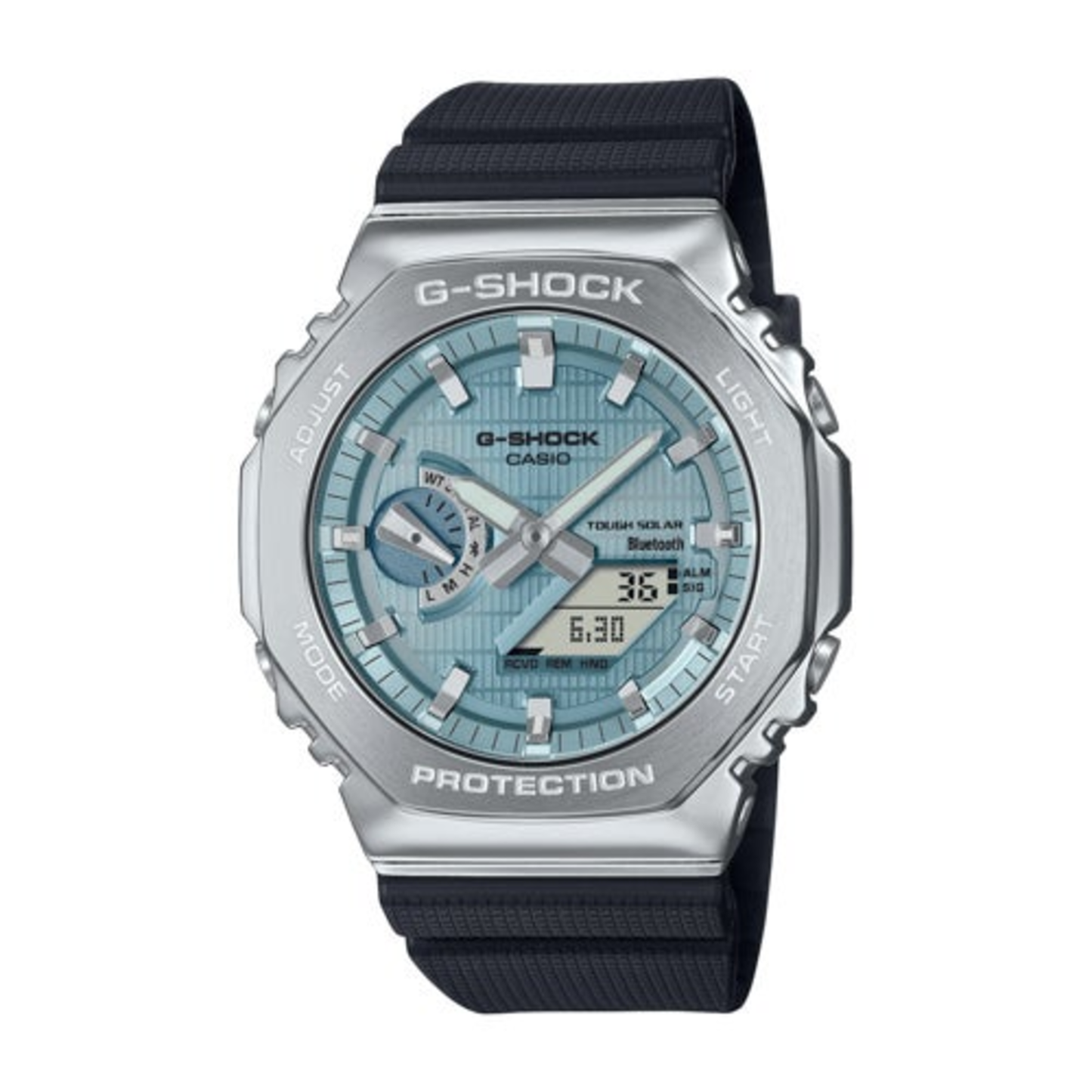 MEN'S 2100 G-SHOCK OCTAGON SLIM ANA-DIGI BLACK RESIN WATCH, BLUE DIAL
