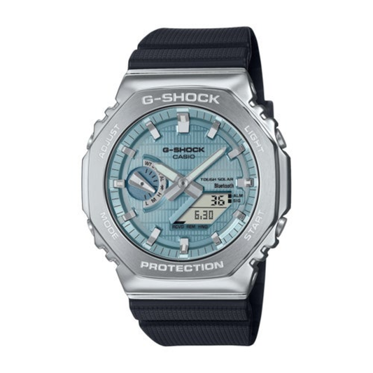 MEN'S 2100 G-SHOCK OCTAGON SLIM ANA-DIGI BLACK RESIN WATCH, BLUE DIAL