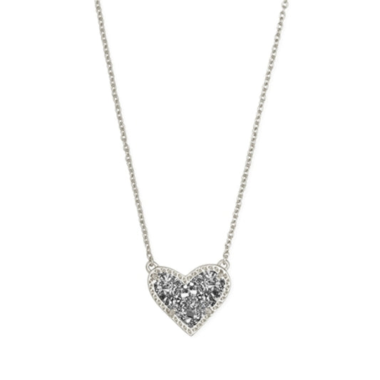 Ari Heart Short Pendant Necklace, Rhod Platinum Drusy