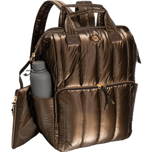 METALLIC QUILTED BACKPACK, CHOCOLATE, 18"