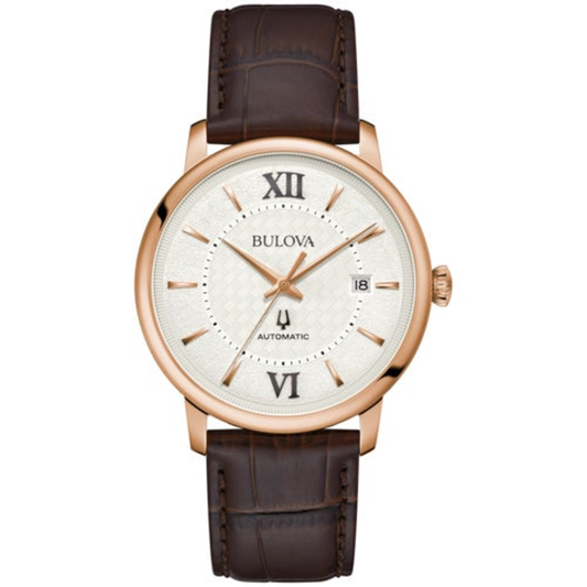 MEN'S HUDSON AUTOMATIC BROWN LEATHER STRAP WATCH, SILVER BASKETWEAVE DIAL