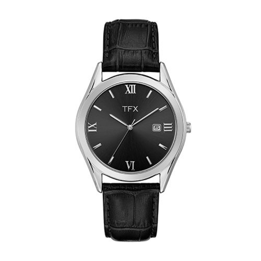 MEN'S TFX BLACK LEATHER STRAP WATCH, BLACK DIAL
