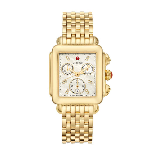Ladies Deco Gold-Tone 18k Diamond Chronograh Watch Mother-of-Pearl Dial