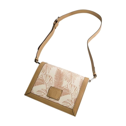 GRAPHIC LEAF PRINT CITY MESSENGER BAG, TAN