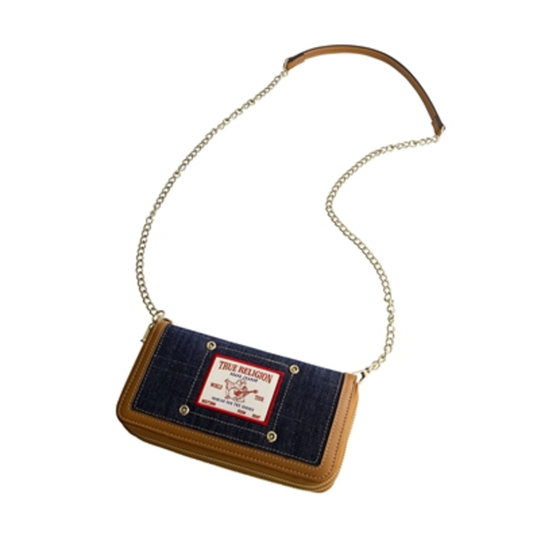 BUDDHA PATCH DOUBLE ZIP CHAIN WALLET, DARK DENIM