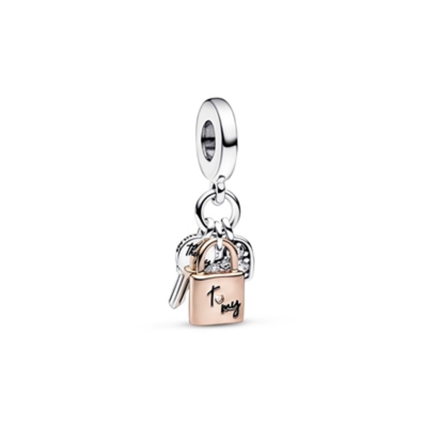 TWO-TONE KEY, PADLOCK  AND  HEART TRIPLE DANGLE CHARM, BLACK