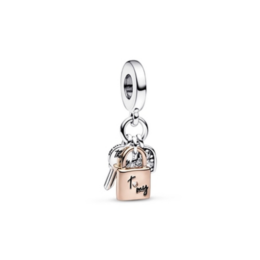 TWO-TONE KEY, PADLOCK  AND  HEART TRIPLE DANGLE CHARM, BLACK