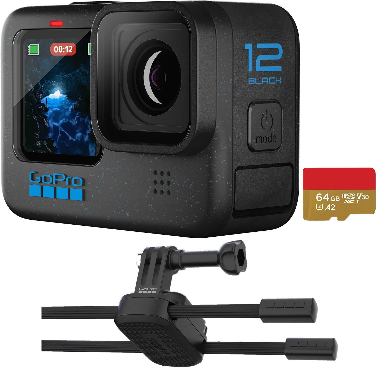 GOPRO HERO12 BLACK + GOPRO FLEXIBLE GRIP MOUNT + GOPRO 64GB MICROSD MEMORY CARD