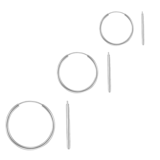 STERLING SILVER ENDLESS HOOP EARRINGS, SILVER, 10-12-14MM