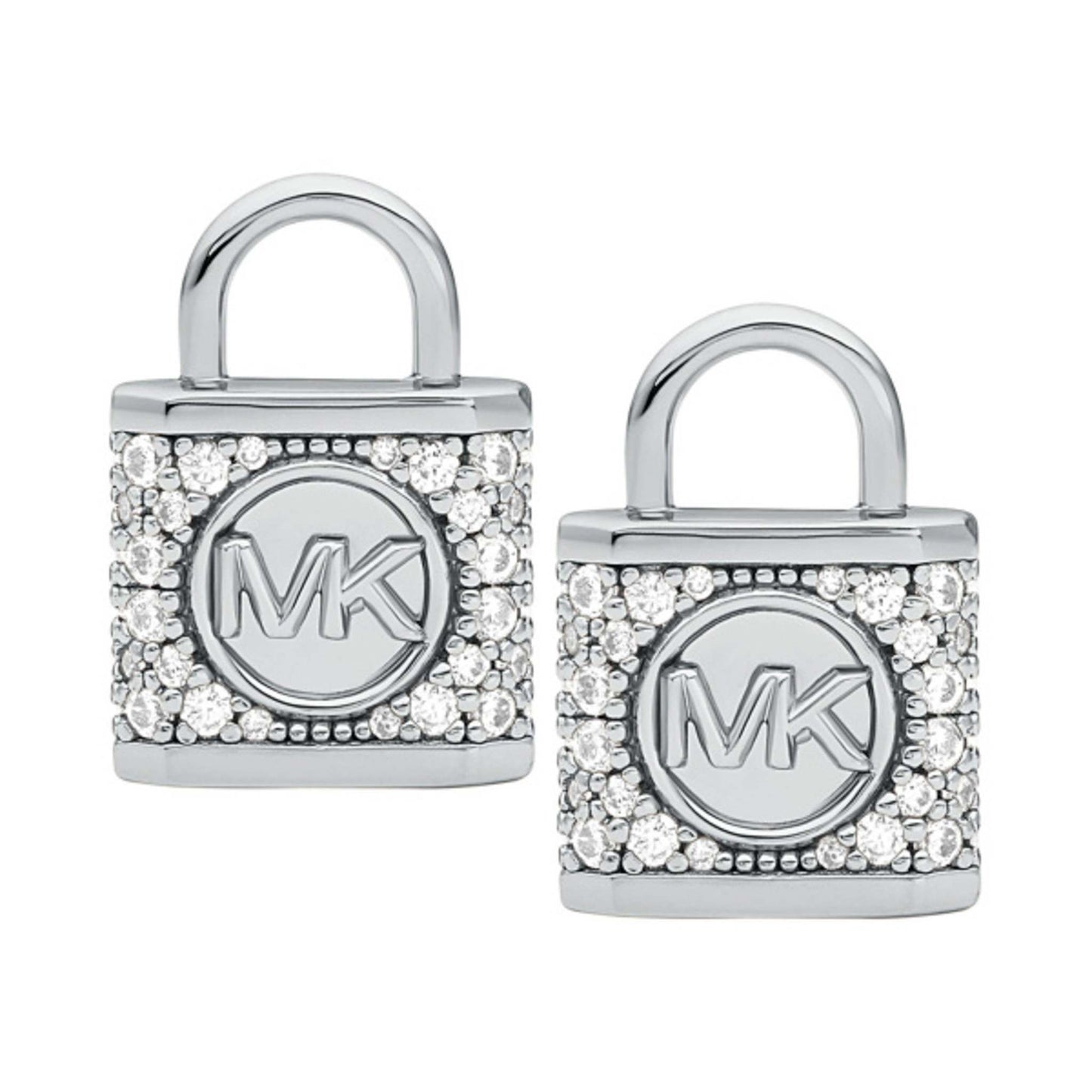 PRECIOUS METAL STERLING SILVER LOCK PAVE STUD EARRINGS RHODIUM PLATING